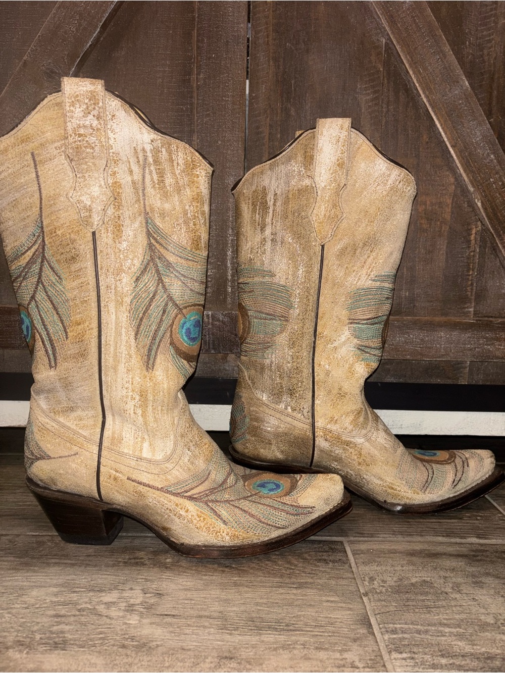Women's Tan Embroidered Peacock Feather Heeled Boots